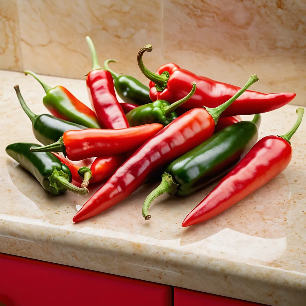 piment rouge et piment vert sur un plan de travail